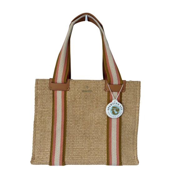 Spartina 449 New Charlie Straw Tote 14 “x 11” x 6” Beige Pink Bag NWT $148 - Picture 1 of 16